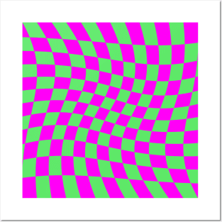 Twisted Checkered Square Pattern - Green & Pink Posters and Art